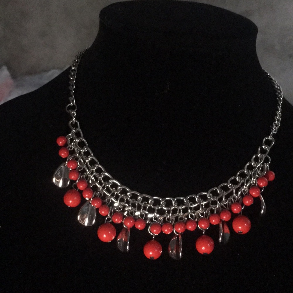 Silver necklace with red beads and earrings set